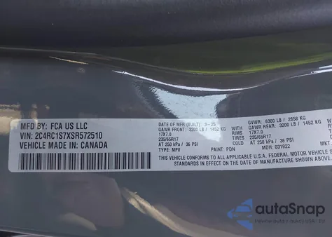 2025 Chrysler Pacifica Hybrid Select z USA, uszkodzony, nr VIN 2C4RC1S7XSR572510